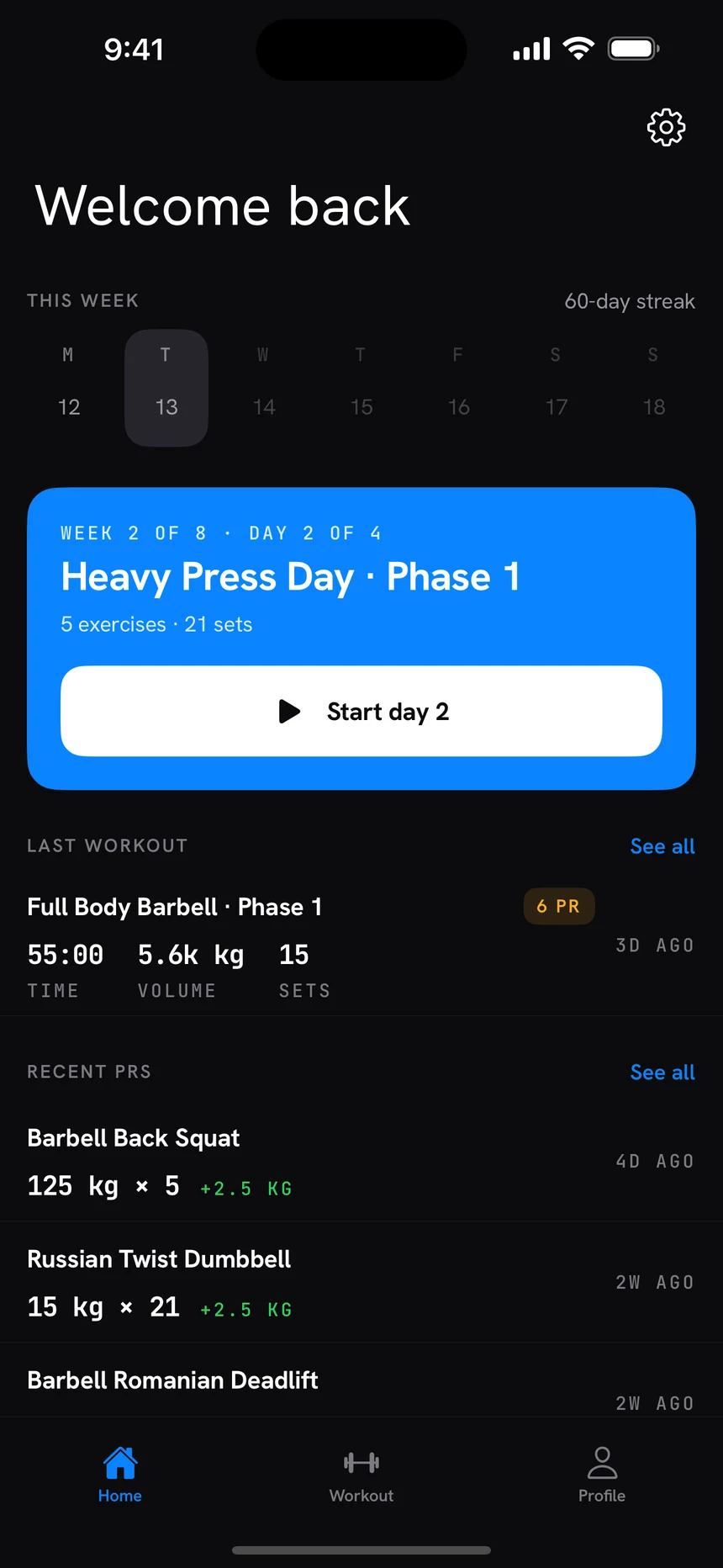 Forge home screen: this week's training days, the next programmed session, and recent personal records