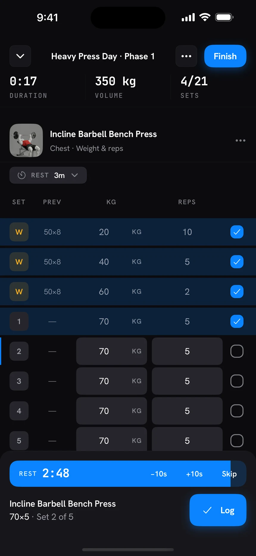 Forge logging a bench press session: warm-up and working sets checked off, with a rest timer counting down